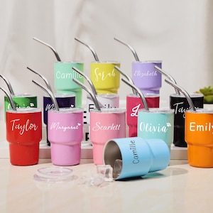 May include: A selection of brightly coloured insulated tumblers with stainless steel straws. Each tumbler is a different colour, such as red, pink, and blue, and has a name in white script. The tumblers are designed to keep drinks cold.