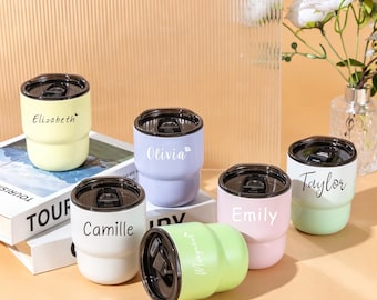 Mini gobelet personnalisé avec couvercle et paille, tasse à café en acier inoxydable avec nom personnalisé, petite tasse de voyage, cadeau d'anniversaire pour la mariée et sa mère