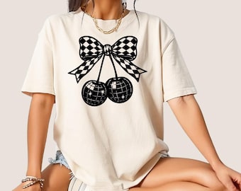 Checkered Bow Disco Cherries Graphic Tee – Retro Y2K Shirt