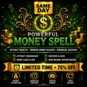 Op de afbeelding: Een digitale afbeelding met de tekst SAME DAY, POWERFUL MONEY SPELL, ATTRACT WEALTH, REMOVE MONEY BLOCKS, FINANCIAL SUCCESS, ATTRACT ABUNDANCE, SUCCESS & LUCK, MORE CASH FLOW, NEW INCOME OPPORTUNITIES, LIMITED TIME, 75% OFF, MONEY ATTRACTION, SAME DAY CASTING, PHOTO PROOF en FREE RECAST, omringd door gouden munten en dollarsymbolen op een donkergroene achtergrond.