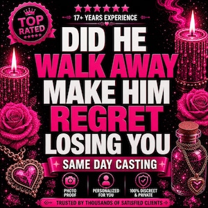 Peut inclure: Un graphique noir avec du texte rose vif indiquant DID HE WALK AWAY MAKE HIM REGRET LOSING YOU. Le design présente des bougies roses, des roses, un pendentif en forme de cœur sur une chaîne et une petite bouteille en verre avec un bouchon.