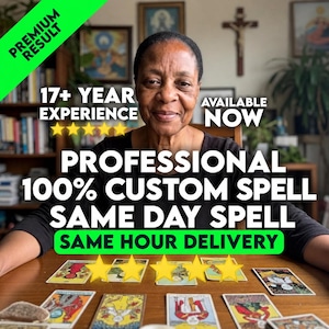 May include: A woman smiles in an image with overlaid text. The text reads "PREMIUM RESULT", "17+ YEAR EXPERIENCE", "AVAILABLE NOW", "PROFESSIONAL 100% CUSTOM SPELL", and "SAME DAY SPELL SAME HOUR DELIVERY". Tarot cards are arranged on a wooden table.
