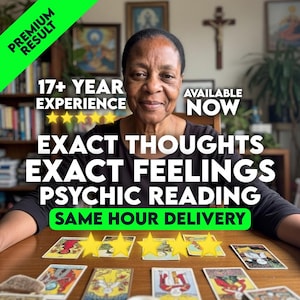 May include: Image of a woman with text overlay. The text reads "17+ YEAR EXPERIENCE", "EXACT THOUGHTS EXACT FEELINGS PSYCHIC READING", and "SAME HOUR DELIVERY". Tarot cards are displayed on a wooden table.