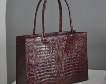 Crocodile Embossed Burgundy Leather Tote bag