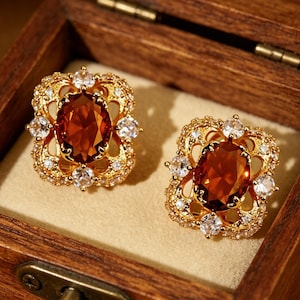 Pendientes de estilo victoriano con diamantes naturales y circonitas ámbar, pendientes llamativos de oro de 18 quilates sobre plata, reliquia real antigua, regalo para el Día de la Madre.