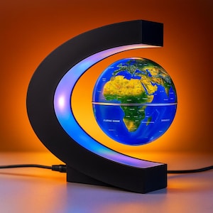 May include: A floating globe with a detailed world map, held within a black, C-shaped frame with a blue and purple light. The globe seems to defy gravity, creating a striking visual effect. A modern decorative item.