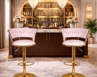 Set of 2 Adjustable Velvet Bar Stools with Woven Back, Swivel Seat & Footrest – Gold Metal Base – Modern Kitchen Counter Chairs