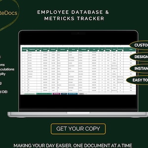 May include: A laptop screen shows an employee database and metrics tracker in Excel. The spreadsheet displays data. Text includes "Easy dropdowns," "Automatic calculations," and "Instant download."