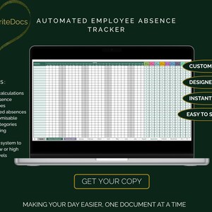 Op de afbeelding: Een laptop toont een geautomatiseerde afwezigheidstracker voor werknemers. Het scherm toont een spreadsheet met een raster van cellen. Tekst op het scherm bevat "Aanpasbaar", "Ontworpen in Excel" en "Direct downloaden". De tekst "Ontvang uw exemplaar" is ook aanwezig.