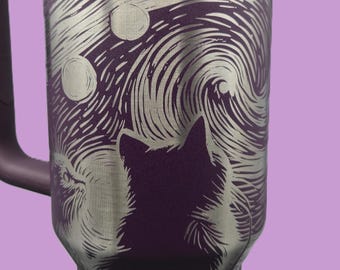 Vaso Stanley de 40 oz con grabado láser de gato y noche estrellada
