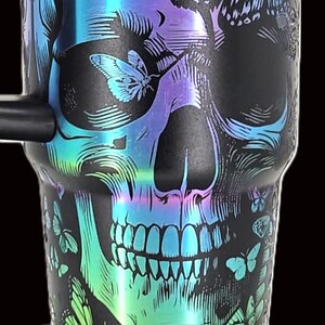 Black Chroma Stanley 30 oz Quencher | Skull & Butterflies Engraved Stanley Tumbler | Gothic Full Wrap | image 3