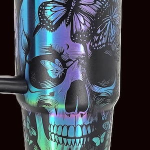 Black Chroma Stanley 30 oz Quencher | Skull & Butterflies Engraved Stanley Tumbler | Gothic Full Wrap | image 1