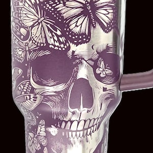 Laser Engraved Stanley 40 oz Tumbler: Skull & Butterflies