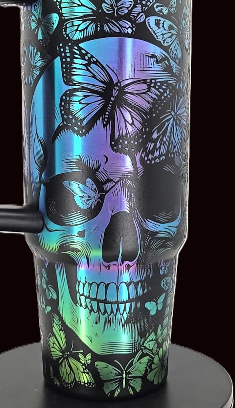 Black Chroma Stanley 30 oz Quencher | Skull & Butterflies Engraved Stanley Tumbler | Gothic Full Wrap | image 1