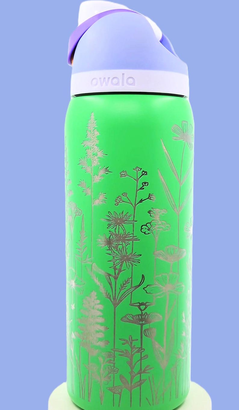 Pu&ograve; includere: Una borraccia Owala verde con un design floreale argentato. La borraccia ha una fascia bianca, un manico viola e un coperchio azzurro. La parola "owala" &egrave; stampata in bianco. La borraccia &egrave; cilindrica e sembra essere in metallo.