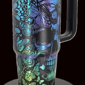 Black Chroma Stanley 30 oz Quencher | Skull & Butterflies Engraved Stanley Tumbler | Gothic Full Wrap | image 5