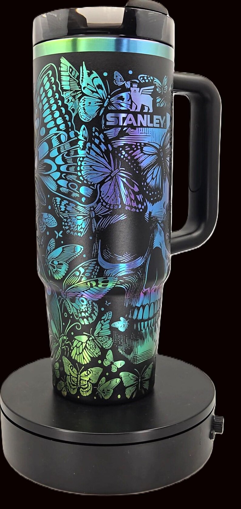 Black Chroma Stanley 30 oz Quencher | Skull & Butterflies Engraved Stanley Tumbler | Gothic Full Wrap | image 5
