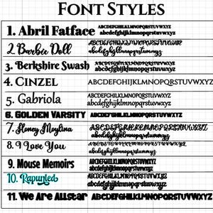 Pu&ograve; includere: Un grafico in bianco e nero che mostra undici diversi stili di carattere. Ogni carattere &egrave; etichettato con un numero e un nome, accompagnato da esempi di alfabeto maiuscolo e minuscolo. Il titolo "FONT STYLES" &egrave; in alto.