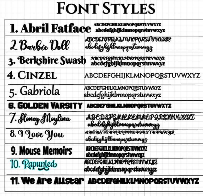 Pu&ograve; includere: Un grafico in bianco e nero che mostra undici diversi stili di carattere. Ogni carattere &egrave; etichettato con un numero e un nome, accompagnato da esempi di alfabeto maiuscolo e minuscolo. Il titolo "FONT STYLES" &egrave; in alto.
