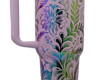 Laser Engraved Floral Tumbler: Pink Iridescent Rainbow Shine Full Wrap Tumbler LAST ONE!