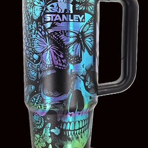 Black Chroma Stanley 30 oz Quencher | Skull & Butterflies Engraved Stanley Tumbler | Gothic Full Wrap | image 4