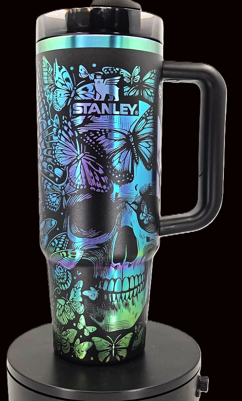 Black Chroma Stanley 30 oz Quencher | Skull & Butterflies Engraved Stanley Tumbler | Gothic Full Wrap | image 4