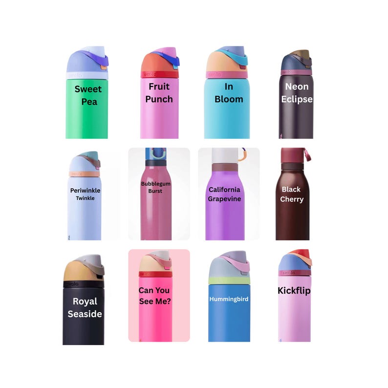 May include: A collection of colorful water bottles in various shades, including green, pink, blue, and purple. Each bottle has a unique name printed on it, such as "Sweet Pea," "Fruit Punch," and "Neon Eclipse."