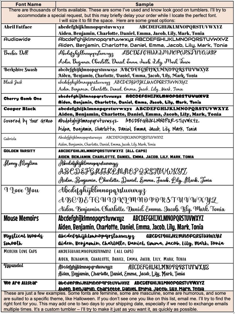 May include: A font chart with various font names and sample text. The chart includes fonts like Abril Fatface, Audiowide, and Barbie Doll, with both lowercase and uppercase examples. The text also mentions custom tumbler options.