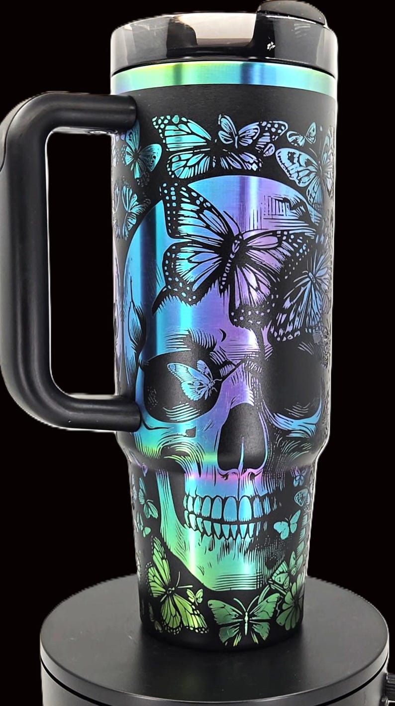 Black Chroma Stanley 30 oz Quencher | Skull & Butterflies Engraved Stanley Tumbler | Gothic Full Wrap | image 3