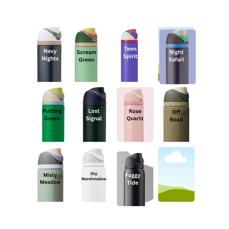 May include: A collection of insulated water bottles in various colors, each with a unique name printed on the front. Colors include navy, green, pink, purple, and black. The bottles have a white and colored lid.