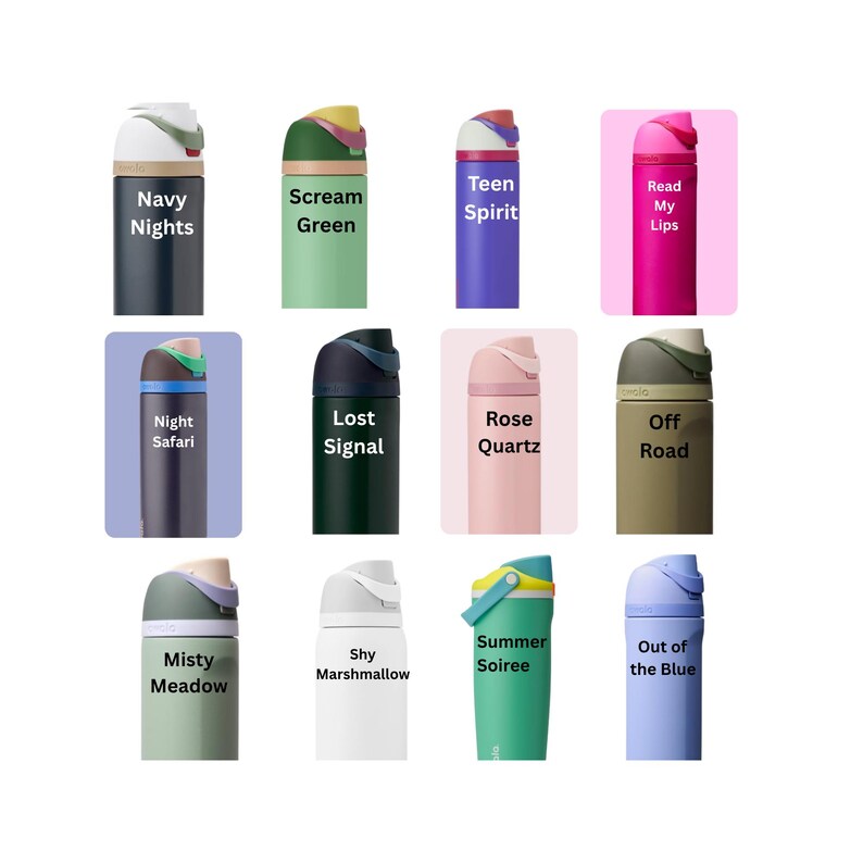 Pu&ograve; includere: Una collezione di borracce isolate colorate. Ogni borraccia ha una combinazione di colori unica ed &egrave; etichettata con un nome descrittivo come "Navy Nights", "Scream Green" e "Read My Lips". Le borracce hanno un design elegante e moderno.