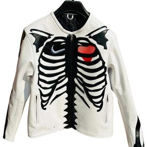 White Black & Red Skeleton Bone Leather Jacket  Gothic Halloween Punk Motorcycle Coat
