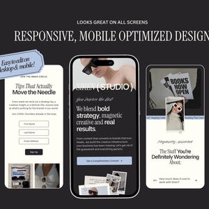 May include: A dark gray graphic showcasing a responsive, mobile-optimized design. The image displays several smartphone screens with website mockups, including text that reads "SIREN (STUDIO)" and "BOOKS NOW OPEN". The design emphasizes ease of editing on desktop and mobile.