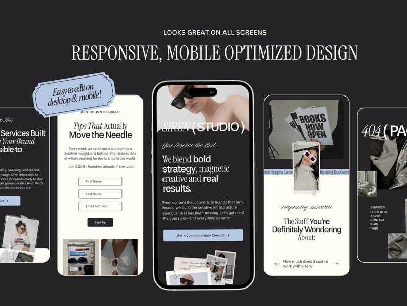 May include: A dark gray graphic showcasing a responsive, mobile-optimized design. The image displays several smartphone screens with website mockups, including text that reads "SIREN (STUDIO)" and "BOOKS NOW OPEN". The design emphasizes ease of editing on desktop and mobile.