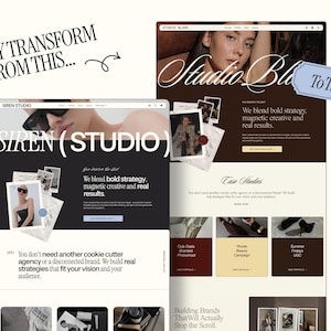 May include: A digital marketing concept image showing a website design transformation. The image features two website mockups, one labeled "Siren Studio" and the other "Studio Blanc", with the text "Easily Transform From This... To This!"