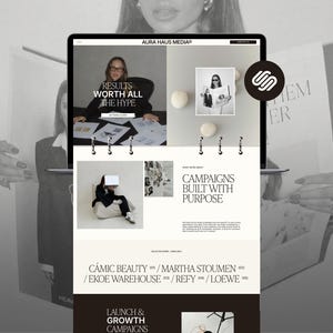 May include: A digital display of the Aura Haus Media website featuring a black and white layout with serif typography. The page includes sections titled Results Worth All The Hype, Campaigns Built With Purpose, and a list of clients like Cámic Beauty.