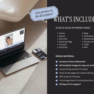 May include: A laptop and smartphone are displayed on a light-colored surface. The laptop screen shows the text "Want a FREEBIE?" and an image. The smartphone screen also displays an image. The image includes a list of included SEO and sales optimized pages and bonus materials.