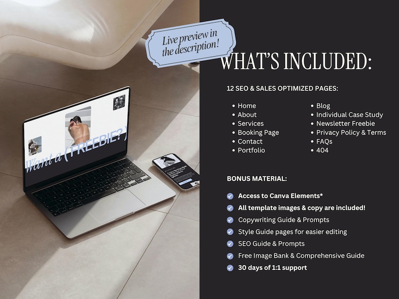 May include: A laptop and smartphone are displayed on a light-colored surface. The laptop screen shows the text "Want a FREEBIE?" and an image. The smartphone screen also displays an image. The image includes a list of included SEO and sales optimized pages and bonus materials.