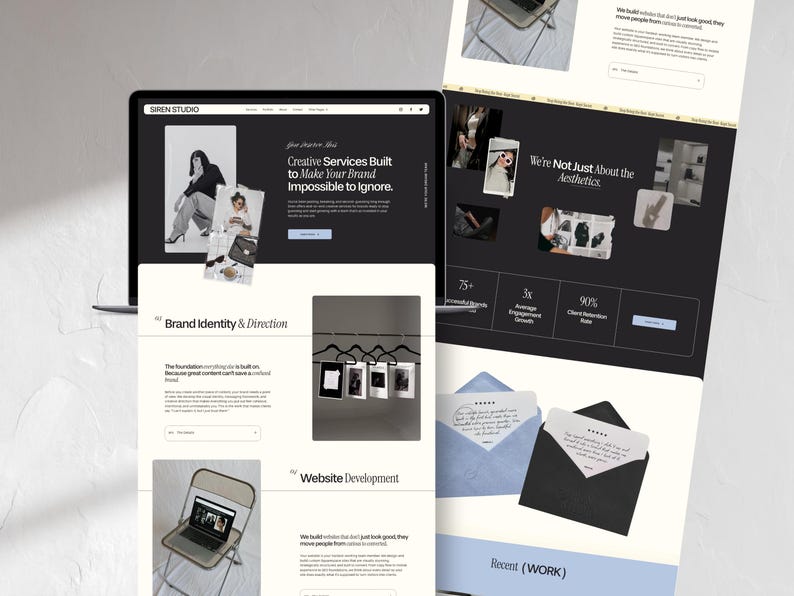 May include: A laptop and two other screens display website mockups with the text "SIREN STUDIO" and "Creative Services Built to Make Your Brand Impossible to Ignore." The screens show design concepts, branding, and website development examples.