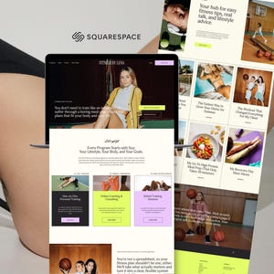 Pode incluir: Um ecrã digital com um site com conteúdo de fitness e estilo de vida. O site inclui artigos, informações sobre programas e o logótipo Squarespace. O esquema de cores é principalmente branco, preto e amarelo.