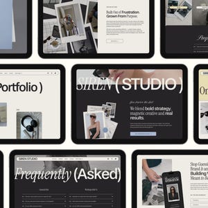 May include: A collection of digital tablets displaying website mockups. The websites feature a minimalist design with a black and white color scheme. Text includes "SIREN STUDIO", "The (Portfolio)", and "Frequently Asked".