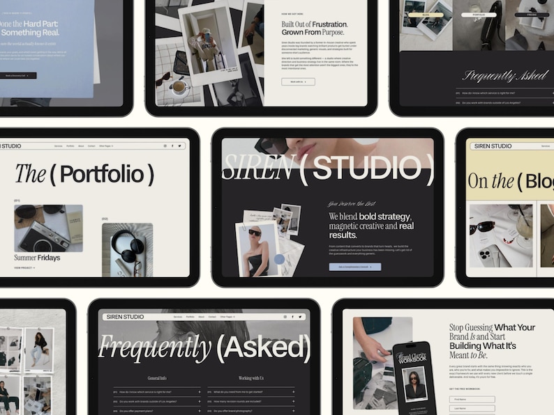 May include: A collection of digital tablets displaying website mockups. The websites feature a minimalist design with a black and white color scheme. Text includes "SIREN STUDIO", "The (Portfolio)", and "Frequently Asked".