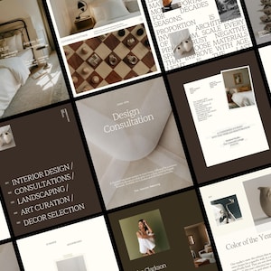 May include: A collection of design and lifestyle magazine pages. The pages feature interior design, consultations, landscaping, art curation, and decor selection. The color palette is neutral with shades of brown, beige, and white.