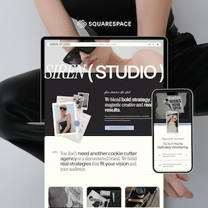 Könnte beinhalten: Eine Website-Design für "SIREN (STUDIO)" wird auf einem Tablet und Smartphone angezeigt. Die Website hat ein minimalistisches Design mit schwarzen und weißen Elementen. Das Tablet zeigt eine Frau mit Sonnenbrille. Das Smartphone zeigt ein Foto mit dem Text "BOOKS NOW OPEN".