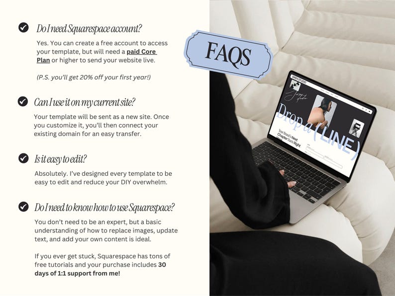 May include: A person using a laptop with the website "Drop a LINE" displayed on the screen. The laptop is on a white surface. Text on the screen includes "Your Brand's Next Chapter Starts Right". The image also includes the text "FAQs".
