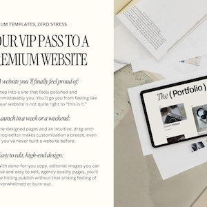 May include: A tablet displaying a website portfolio, surrounded by scattered papers. The screen shows a website layout with images and text. Text on the tablet reads "The (Portfolio)". The image also includes text: "Premium Templates, Zero Stress" and "Your VIP Pass to a Premium Website."