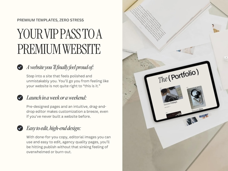 May include: A tablet displaying a website portfolio, surrounded by scattered papers. The screen shows a website layout with images and text. Text on the tablet reads "The (Portfolio)". The image also includes text: "Premium Templates, Zero Stress" and "Your VIP Pass to a Premium Website."