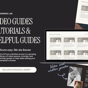 May include: A dark background with the text "VIDEO GUIDES TUTORIALS & HELPFUL GUIDES" and "Access easy, bite size lessons." A laptop displays a website with video tutorials. Additional guides are visible.