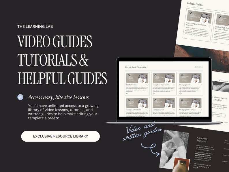 May include: A dark background with the text "VIDEO GUIDES TUTORIALS & HELPFUL GUIDES" and "Access easy, bite size lessons." A laptop displays a website with video tutorials. Additional guides are visible.