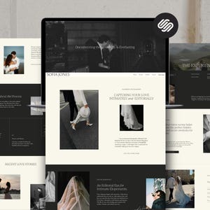 Könnte beinhalten: Webdesign für Sofia Jones, eine Hochzeitsfotografin, auf einem Laptop-Bildschirm. Die Seite zeigt Schwarz-Weiß-Fotografie mit Text wie "Documenting the moment & is everlasting" und "Capturing your love intimately and editorially."